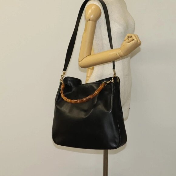 GUCCI Bamboo Hand Bag Leather 2way Black Gold Auth ep9886 - Picture 14 of 16